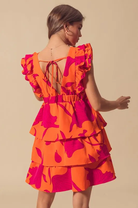 Floral V Neck Layered Dress with Elasticized Waist in Orange/Fuchsia - product view 18