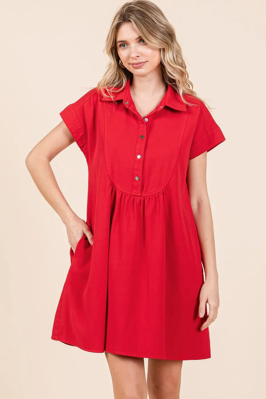 Twill Short Sleeve Collared Mini Dress - Red - product view 2