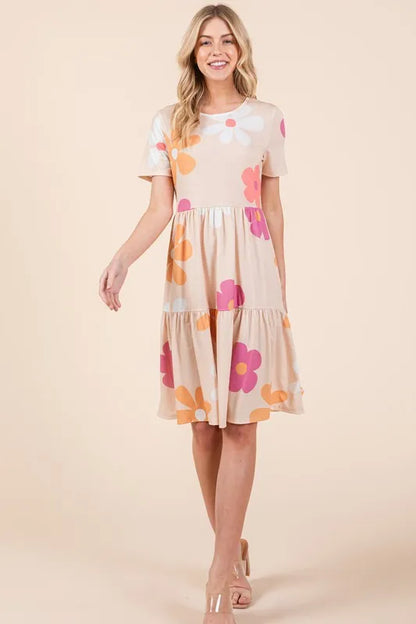 Floral Round Neck Short Sleeve Tiered Dress - Apricot - product view 2