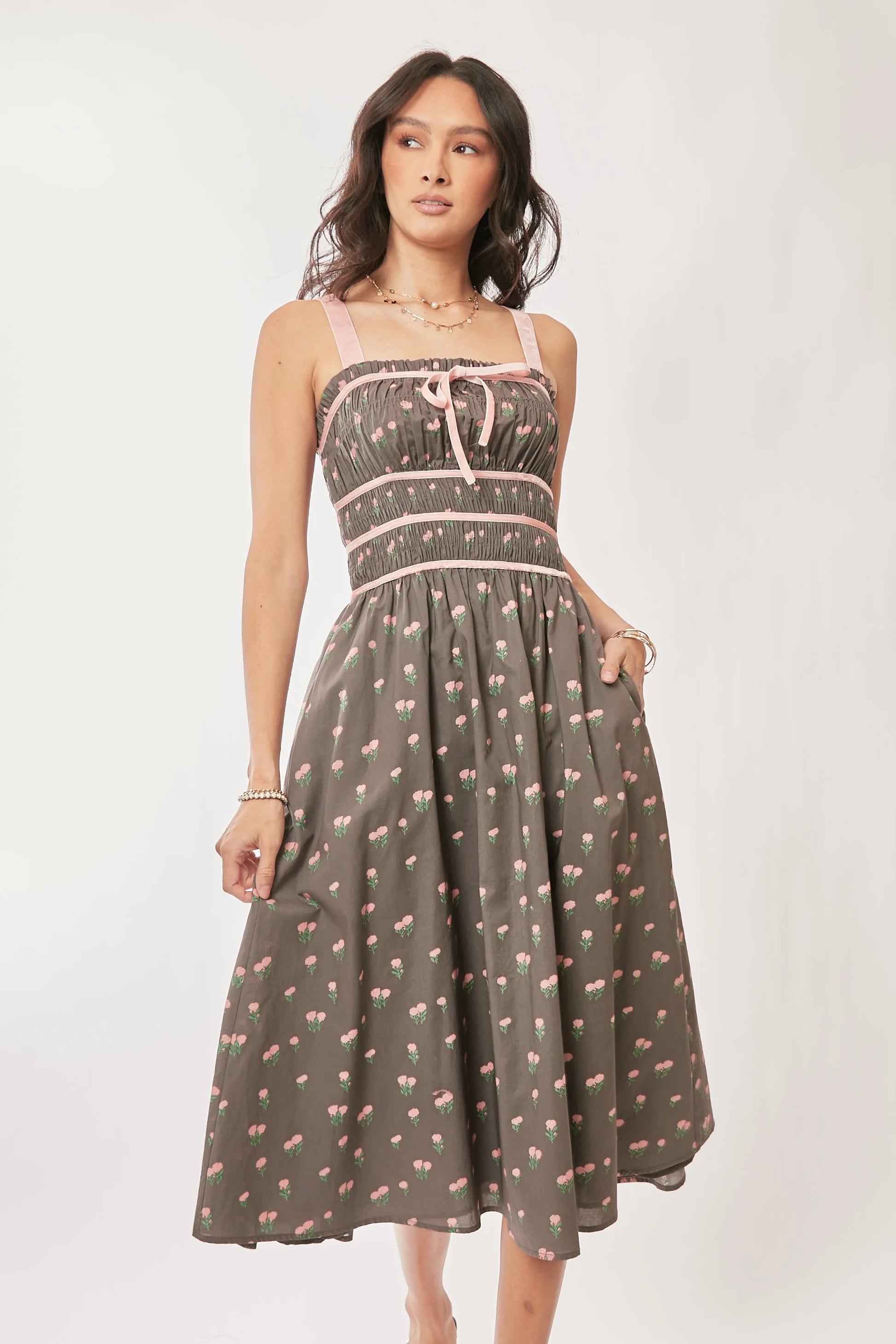 Contrast Velvet Tape Smocking Bodice Midi Dress in Mocha Brown - product view 7