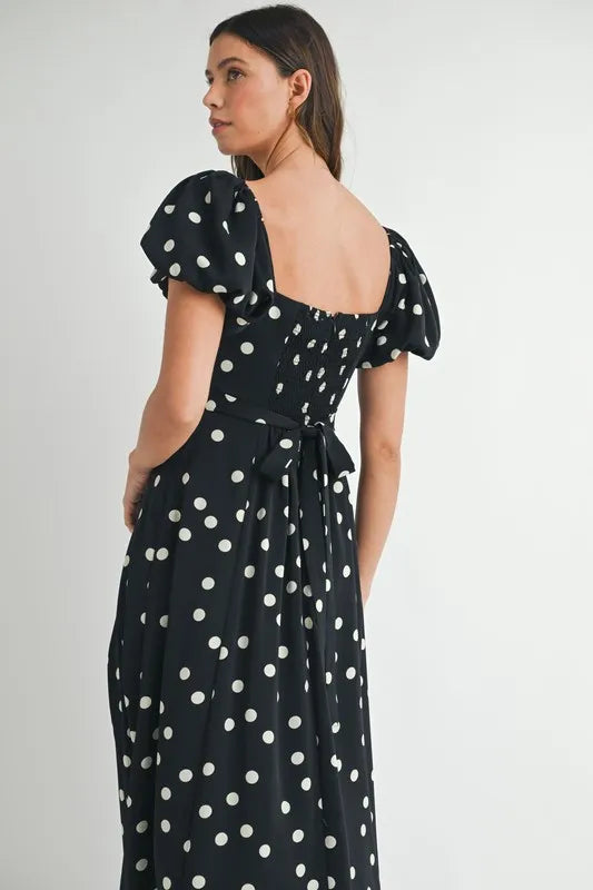 Polka Dot Puff Sleeve Midi Dress - Black - product view 6