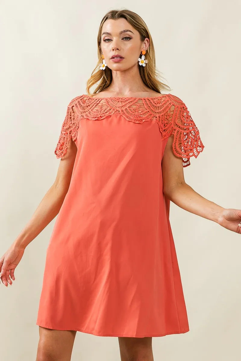 Crochet Lace Yoke Detailed Wrinkled Dress - Apricot - product view 11