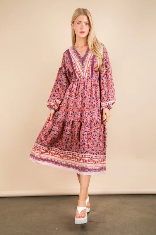 Floral Printed Boho V-Neck Balloon Sleeve Dress in Purple Mix - product view 1