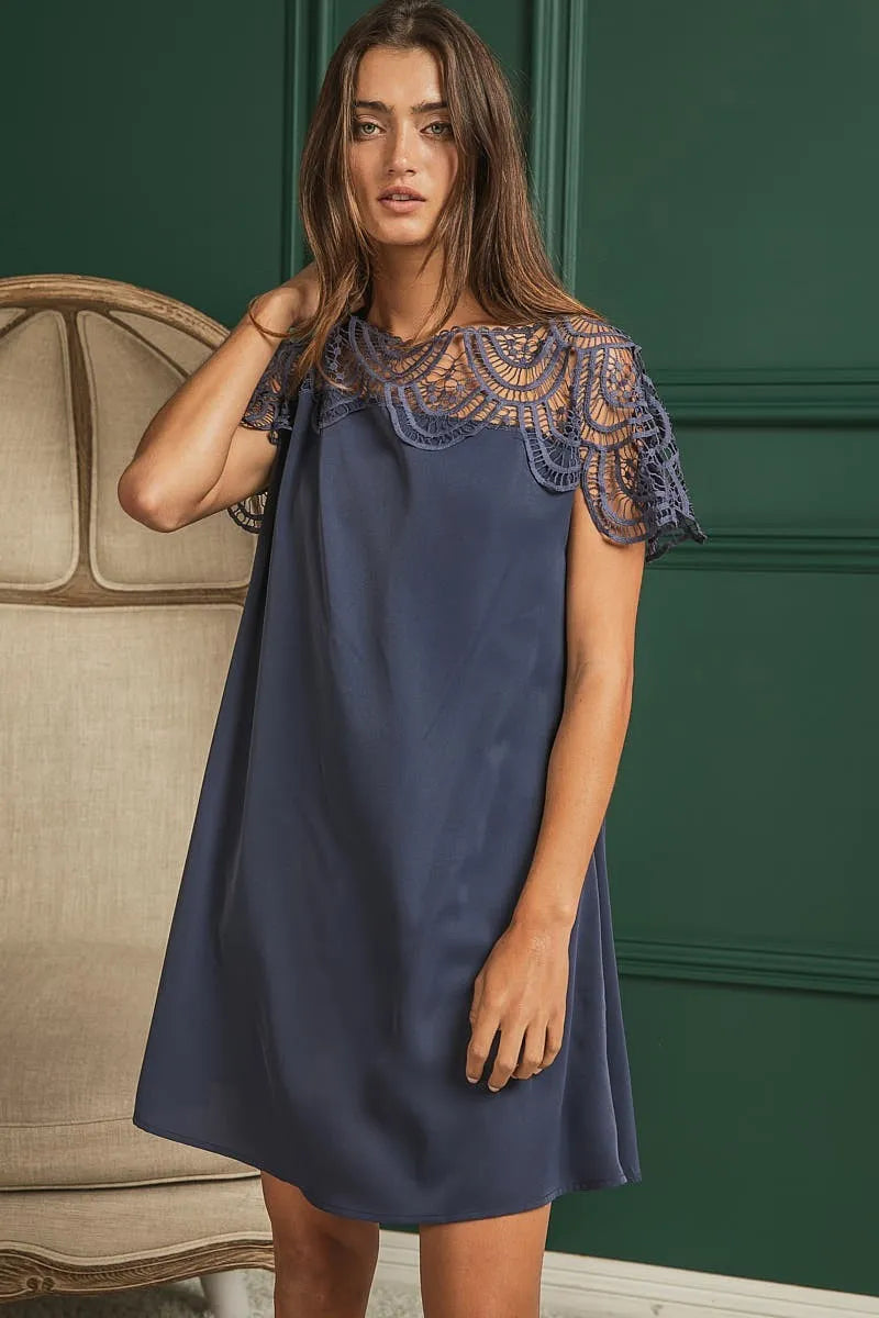 Crochet Lace Yoke Detailed Wrinkled Dress - Deep Navy - product view 6