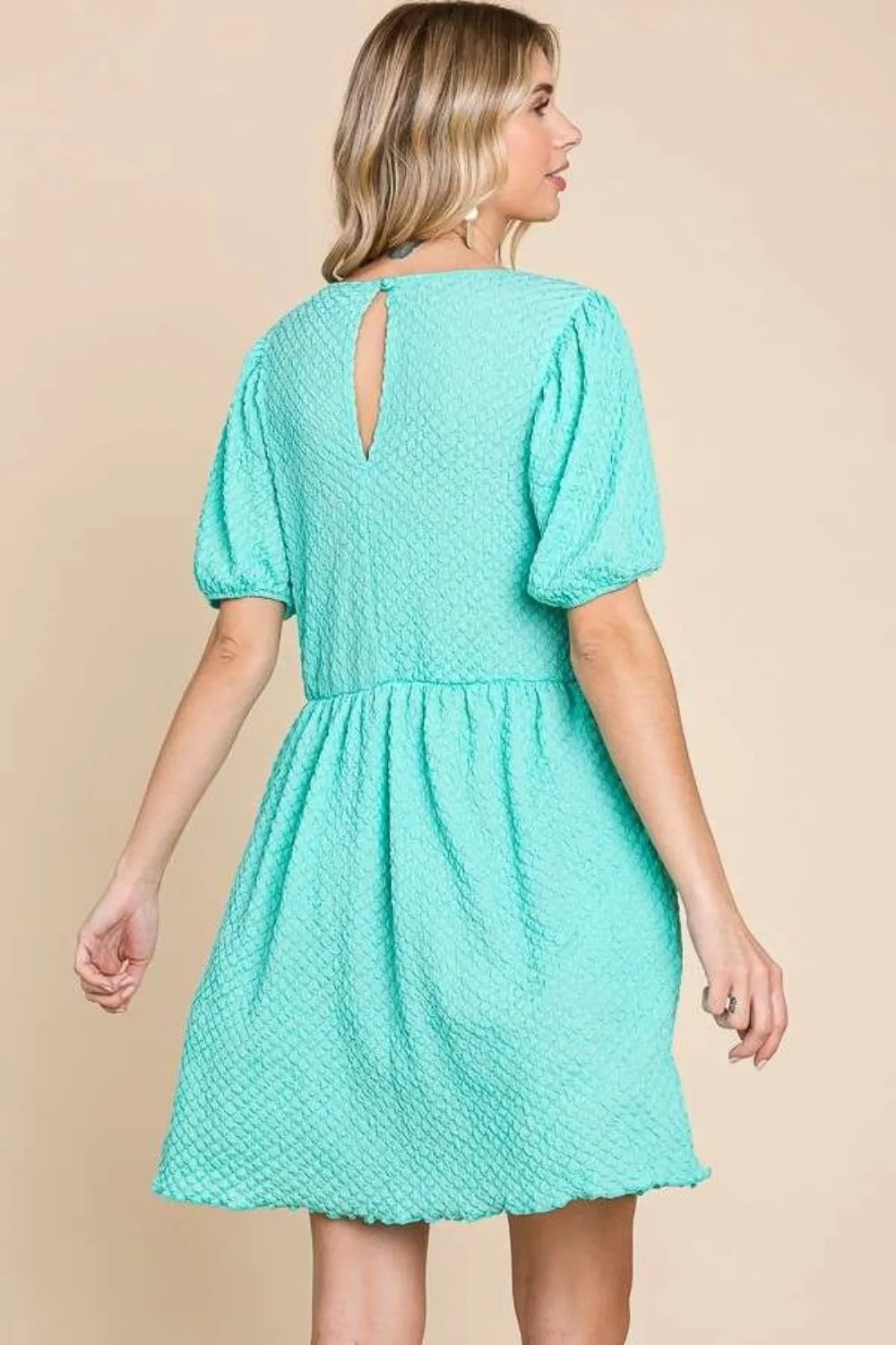 Full Size Textured Round Neck Puff Sleeve Dress in Mint - product view 2