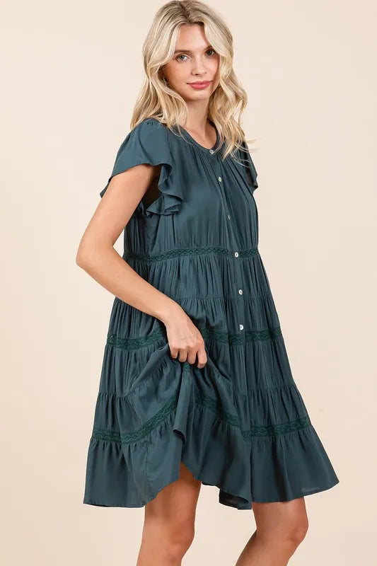 Lace Detail Ruffled Button Down Tiered Dress - Deep Teal - product view 3