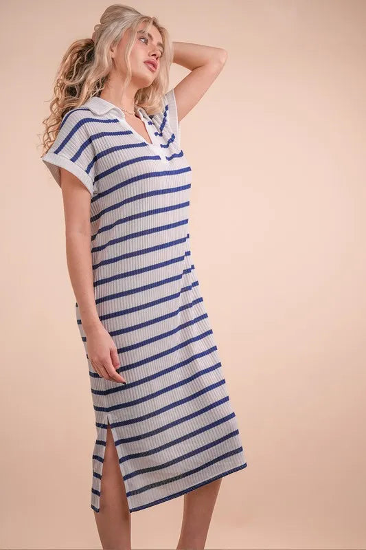 Oversized Collared Striped Knit Midi Dress in White/Navy - product view 2