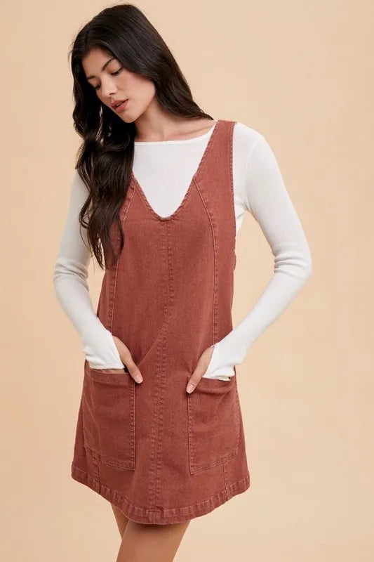 V-Neck Adjustable Strap Denim Overall Dress with Pockets - Rust - product view 1