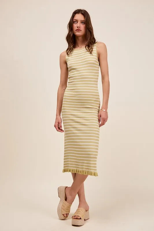 Stripe Sleeveless Sweater Knit Maxi Dress With Ruffled Hem - Sage/Off White - product view 1
