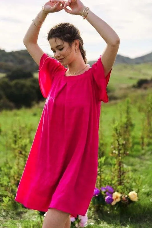 Textured Ruffle Boat Neck Shift Dress in Fuchsia - product view 4