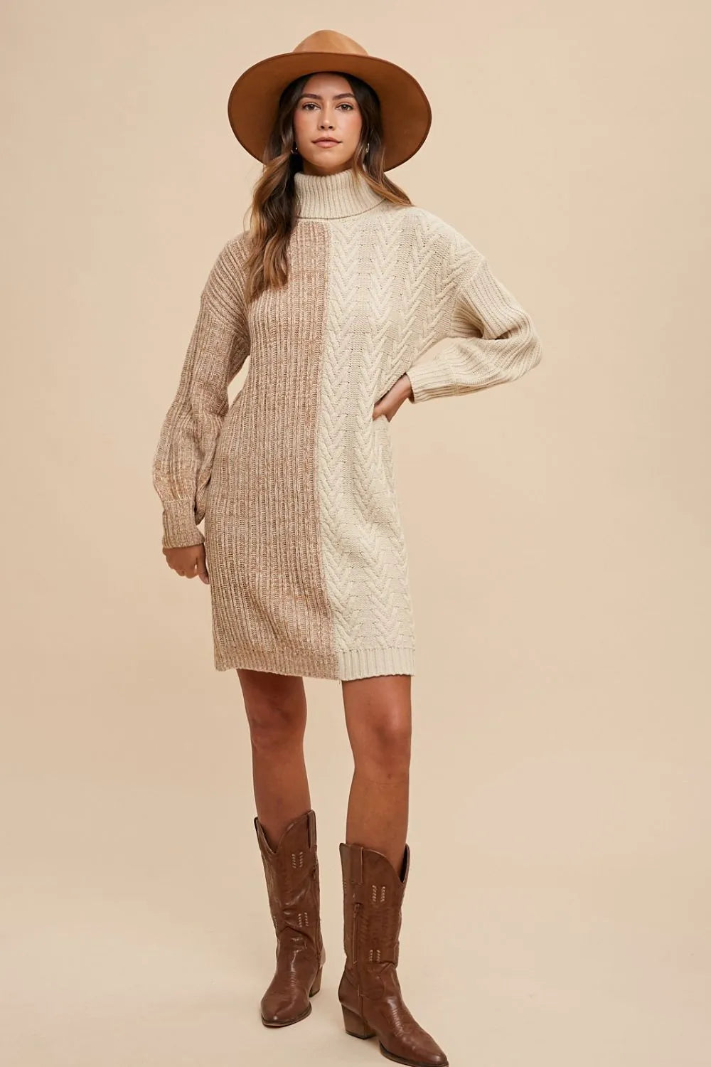 Color Block Turtleneck Sweater Dress in Taupe - product view 6