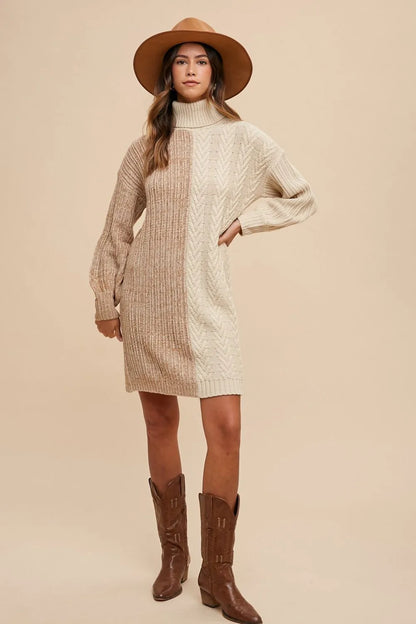 Color Block Turtleneck Sweater Dress in Taupe - product view 6
