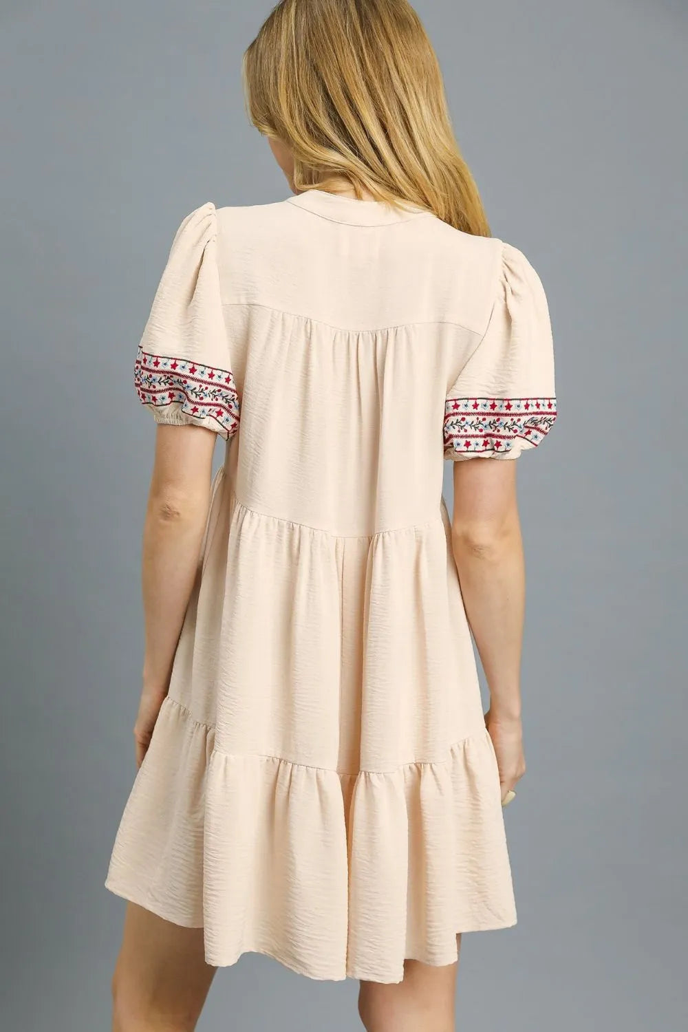 Floral Trim Puff Sleeve Mini Dress - Tan - product view 3