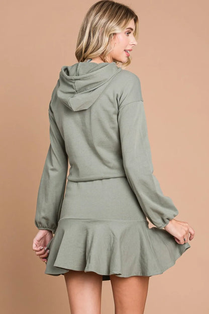 Full Size Drawstring Dropped Shoulder Hooded Mini Dress in Fadeolive - product view 2
