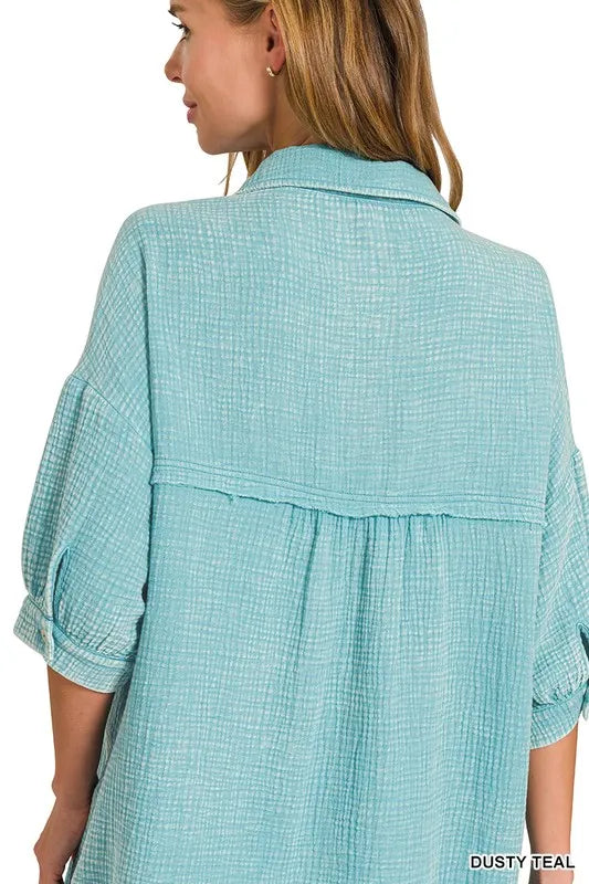 Washed Double Gauze Button Down Shirt Dress - Dusty Teal - product view 6