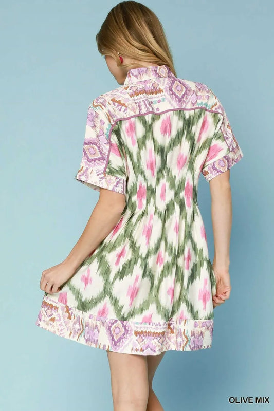 Ethnic Print Short Sleeve Mini Shirt Dress in Olive Mix - product view 2