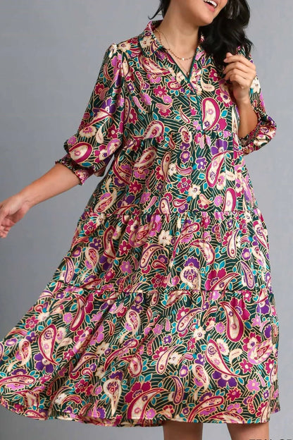 Full Size Paisley Print Satin Tiered Midi Dress Plus Size in Tealgreen - product view 5