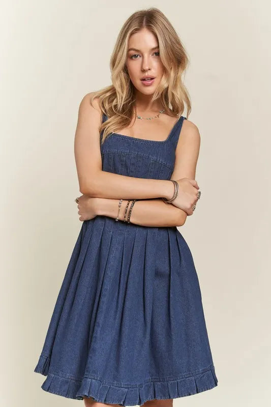 Smocked Back Square Neck Denim Dress in Denim Blue - product view 2