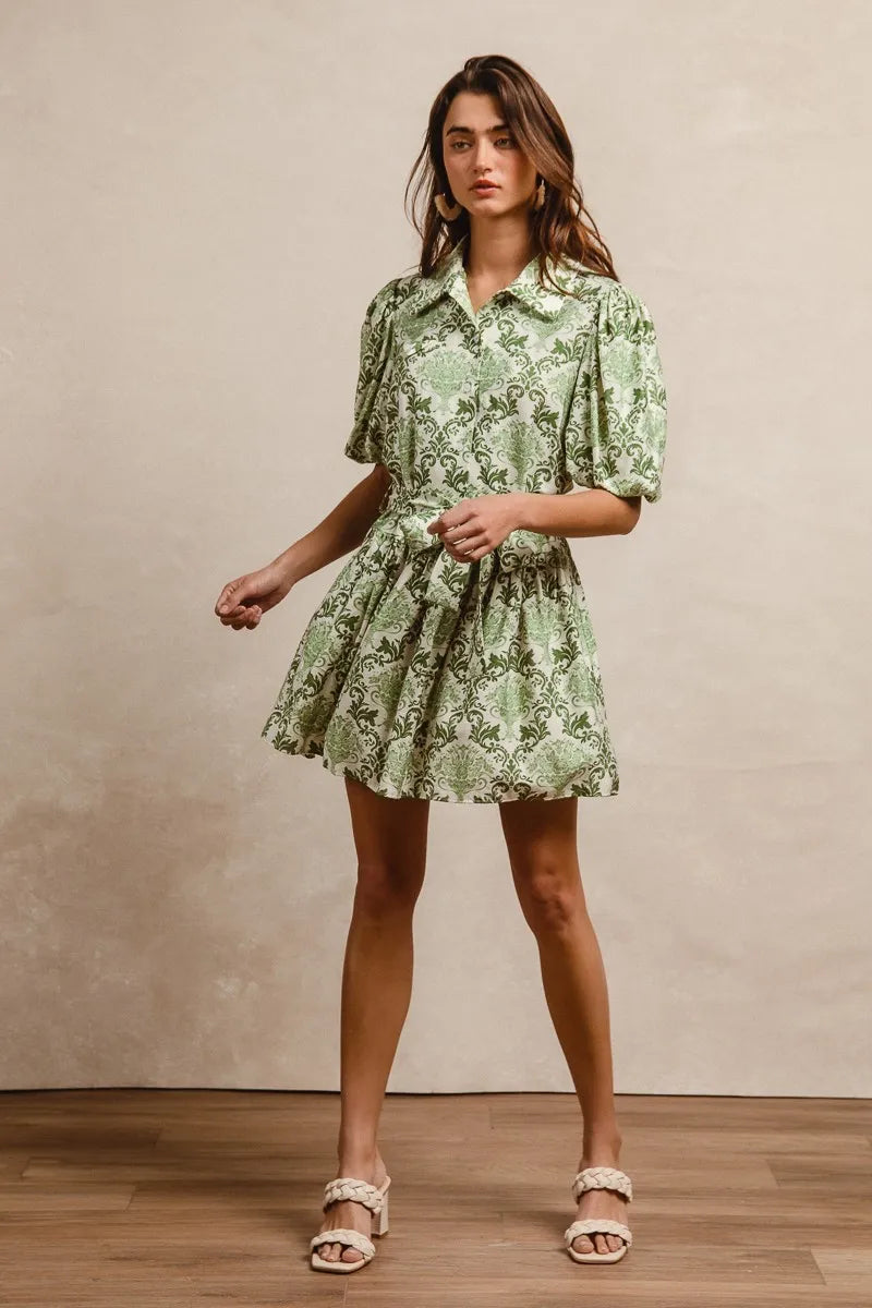 Tied Floral Short Sleeve Mini Shirt Dress in Green/Cream - product view 7