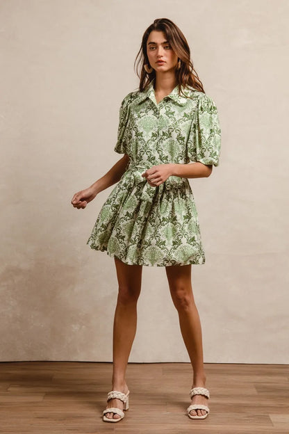 Tied Floral Short Sleeve Mini Shirt Dress in Green/Cream - product view 7