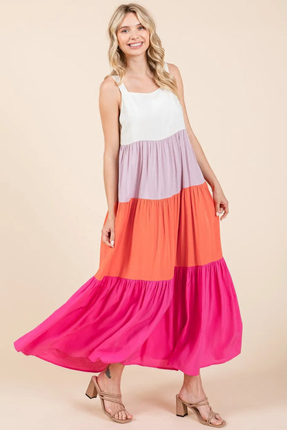Color Block Tiered Pull-On Maxi Dress - Fuchsia Multi - product view 4