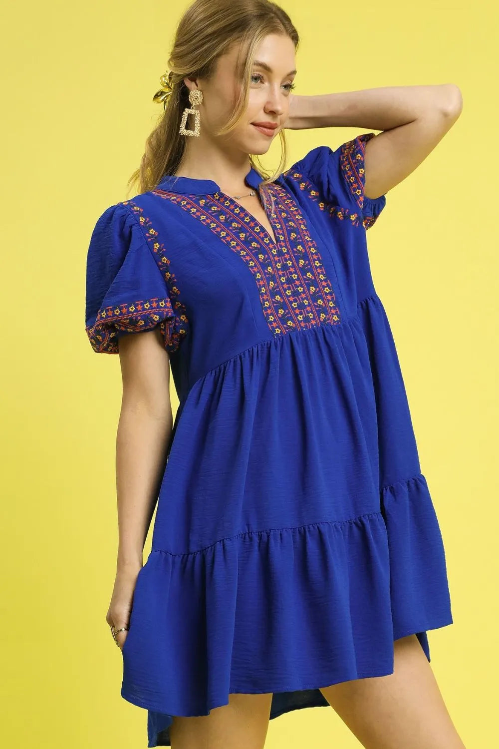 Floral Trim Puff Sleeve Mini Dress - Dark Blue - product view 2