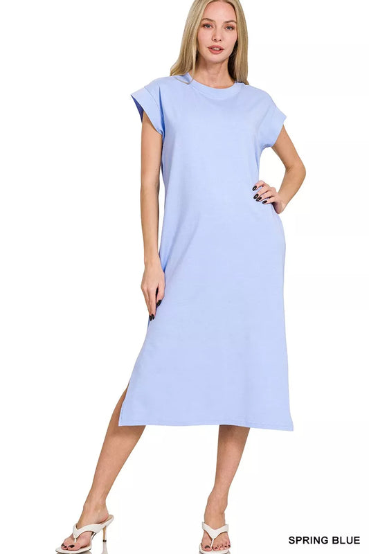 Round Neck Side Slit Midi Dress - Cornflower Blue - product view 2