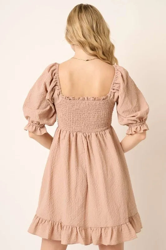 Smocked Ruffled Hem Half Sleeve Mini Dress in Taupe - product view 2