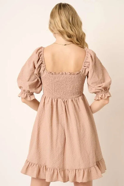 Smocked Ruffled Hem Half Sleeve Mini Dress in Taupe - product view 2