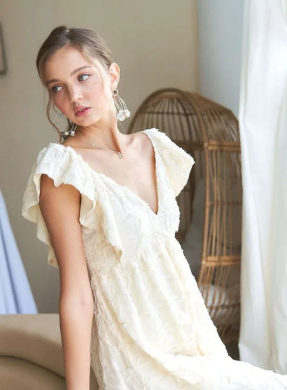 Tie Back V-Neck Ruffle Sleeve Dress in Ivory - product view 6
