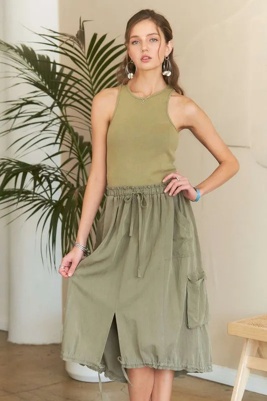 Drawstring Sleeveless Washed Dress - Lt Olive - product view 1
