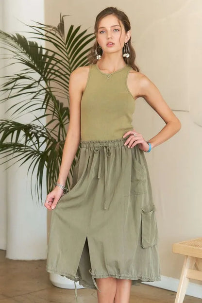 Drawstring Sleeveless Washed Dress - Lt Olive - product view 1