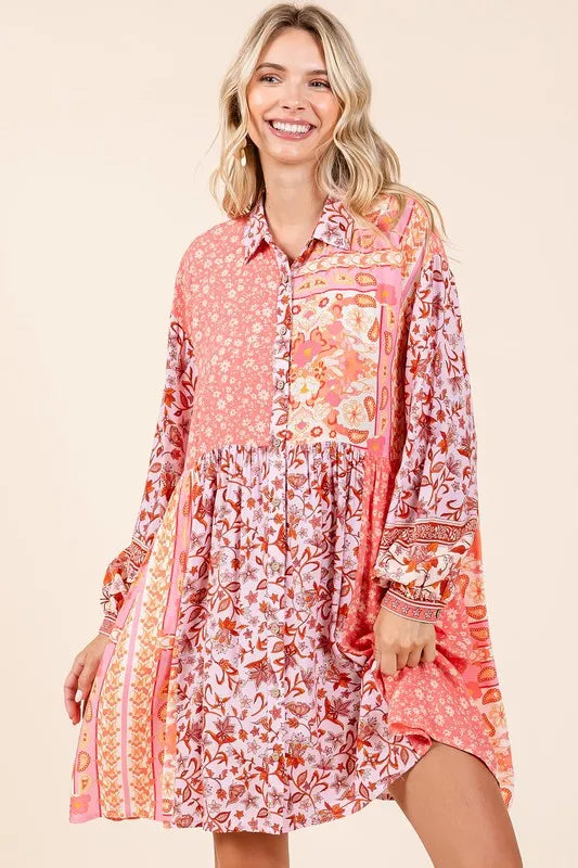 Floral Button Detail Long Sleeve Shirt Dress in Coral Pink - product view 1
