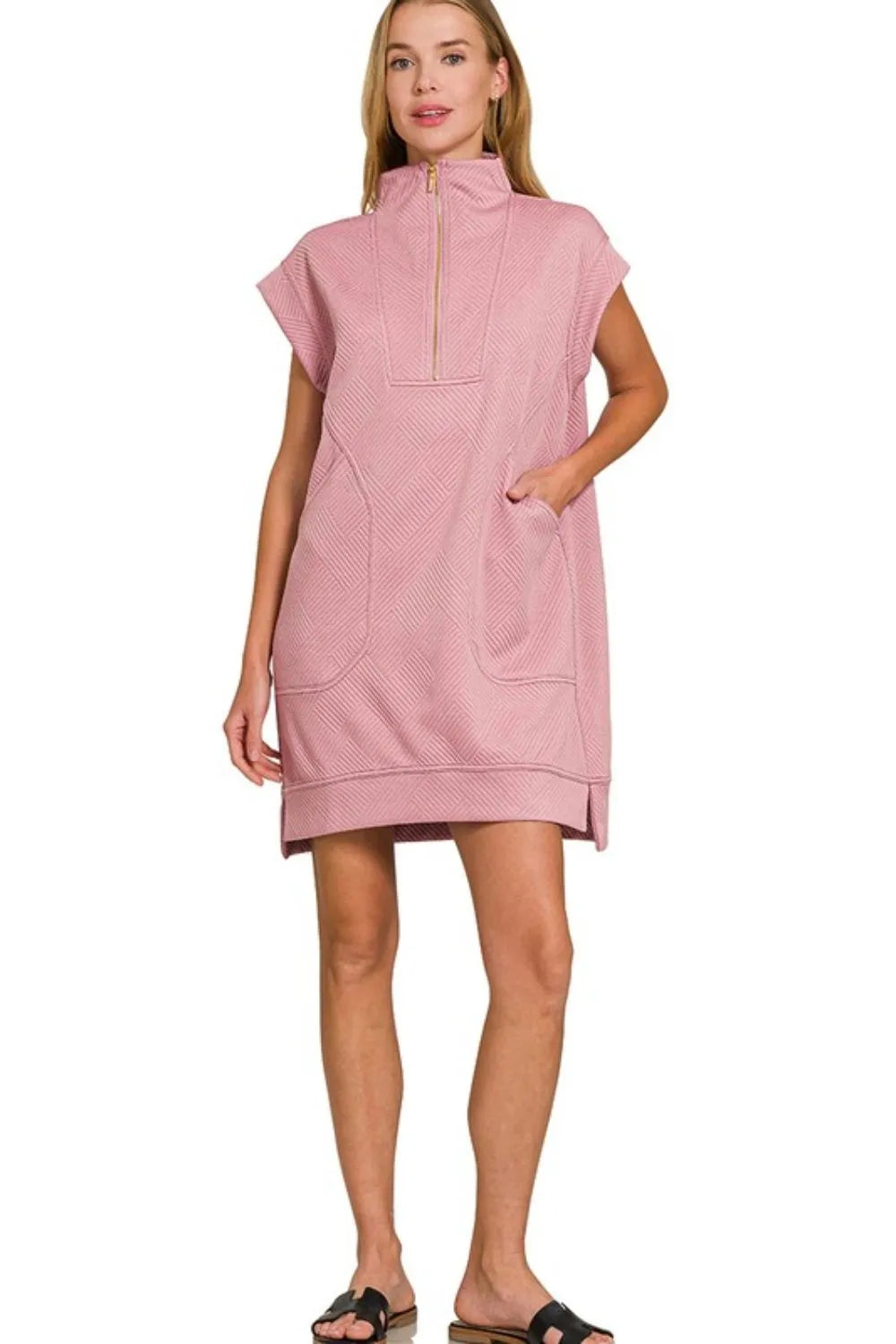 Textured Knit Jacquard Quarter Zipper Mini Dress - Lt Rose - product view 3