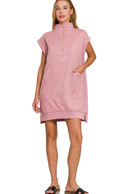 Textured Knit Jacquard Quarter Zipper Mini Dress - Lt Rose - product view 3
