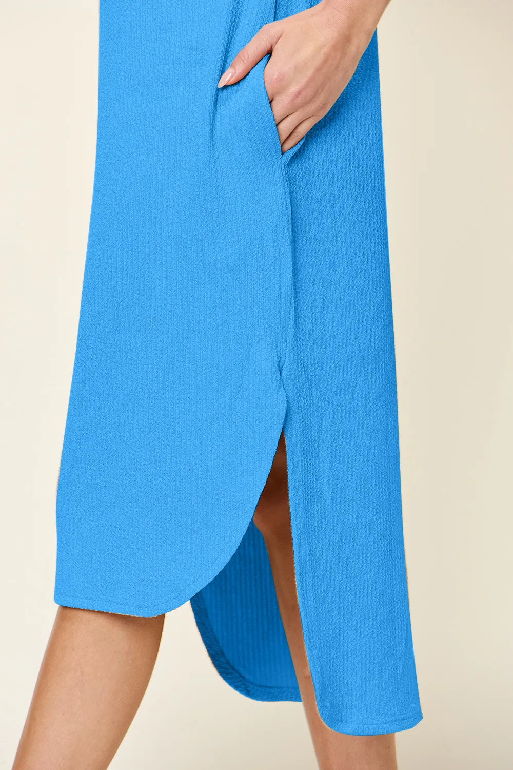 Full Size Round Neck Short Sleeve Slit Dress in Sky Blue and Tangerine - product view 4