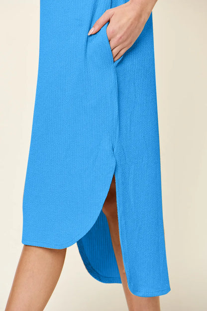 Full Size Round Neck Short Sleeve Slit Dress in Sky Blue and Tangerine - product view 4
