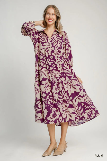 Floral Print Tiered Midi Dress - Plum - product view 1