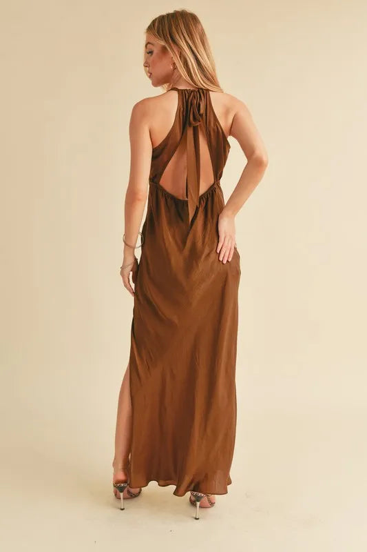 Ruched Side Slit Cutout Back Maxi Cami Dress - Brown - product view 4