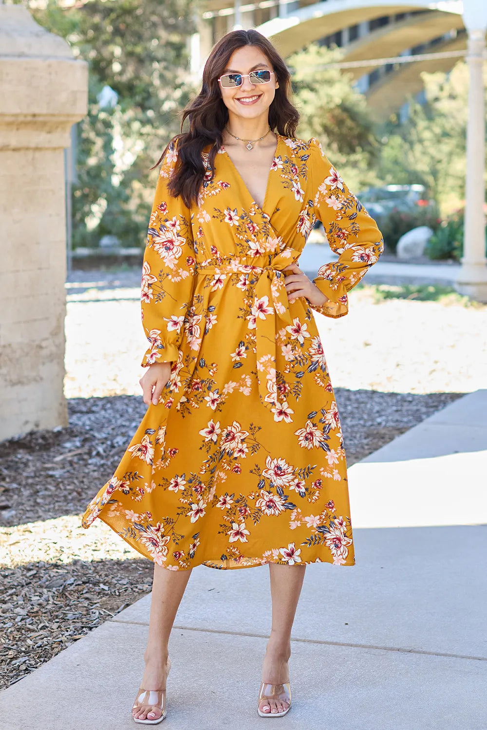 Full Size Floral Tie Back Flounce Sleeve Dress in Caramel - product view 1