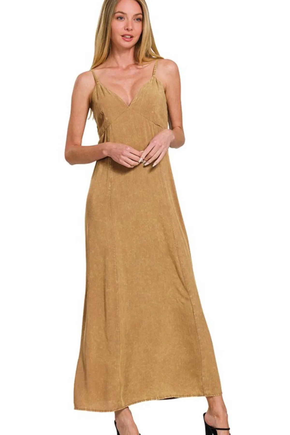 Mineral Washed Rayon Challis Cami Dress - Deep Camel - product view 2