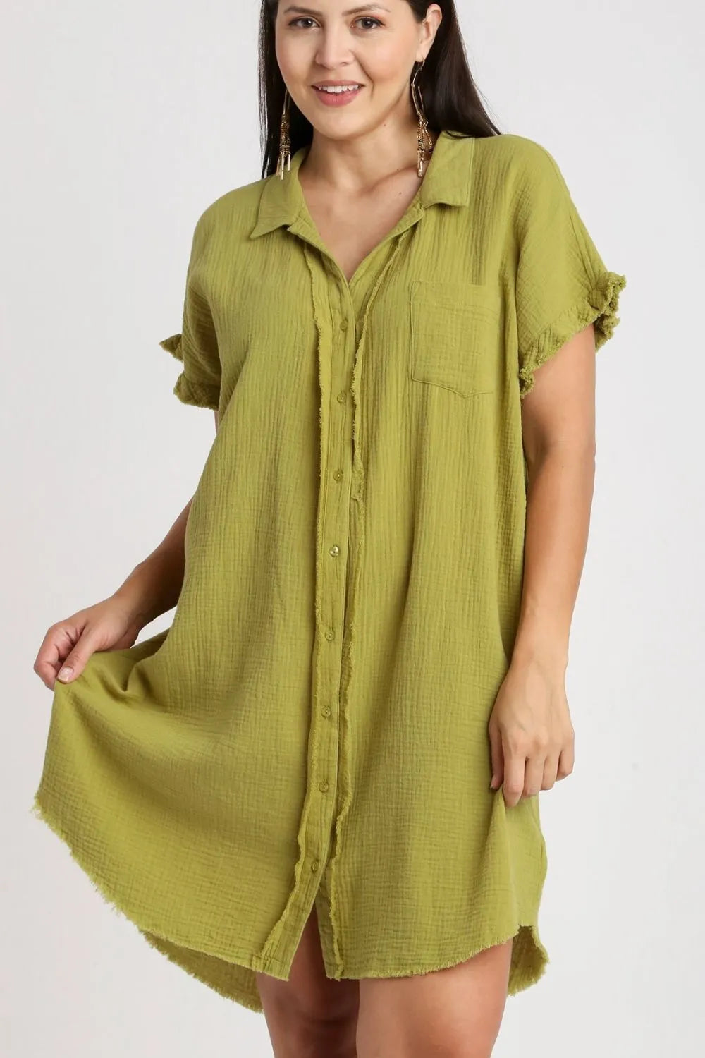 Full Size Raw Hem Button Down Short Sleeve Gauze Shirt Dress Plus Size in Yellow-Green - product view 2