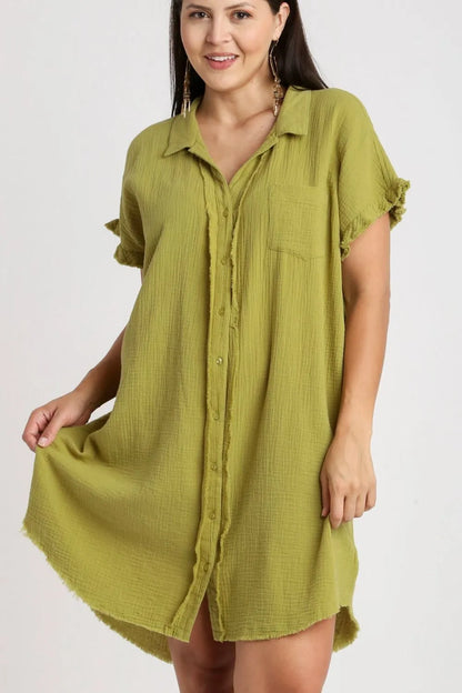 Full Size Raw Hem Button Down Short Sleeve Gauze Shirt Dress Plus Size in Yellow-Green - product view 2