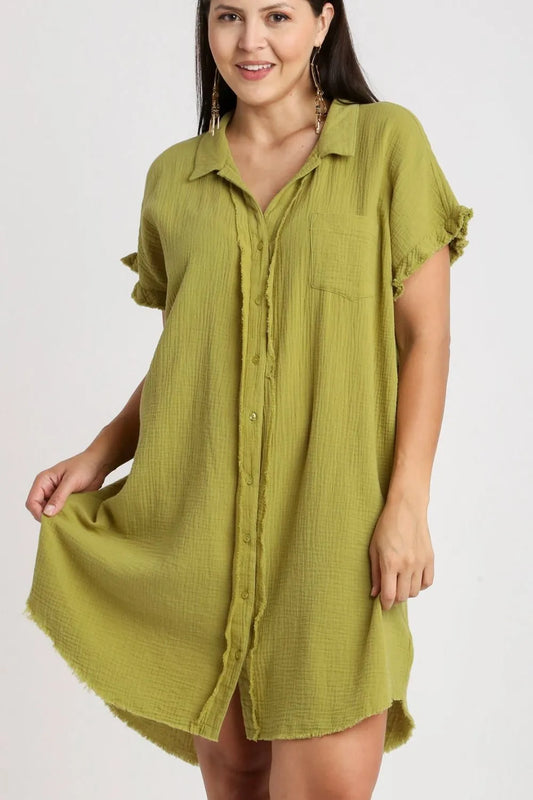 Full Size Raw Hem Button Down Short Sleeve Gauze Shirt Dress Plus Size in Yellow-Green - product view 2