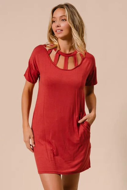 Front Cutout Mini Tee Dress with Pockets in Ginger - product view 1