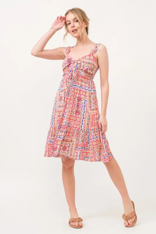 Tied Front Smocked Back Tiered Boho Printed Dress in Red Multi - product view 9
