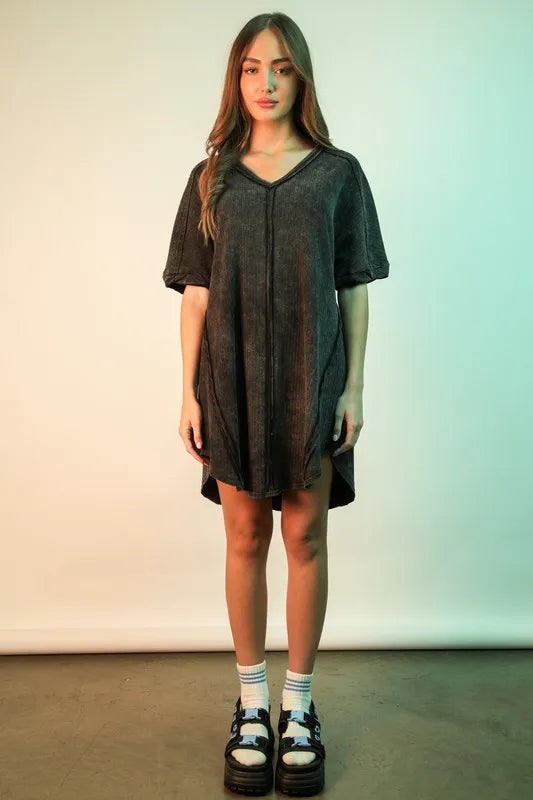 Mineral Washed Ribbed Knit Mini Dress in Black - product view 4