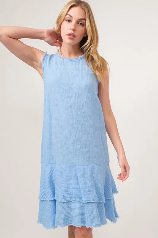 Washed Fringe Detail Tiered Dress in Baby Blue - product view 4