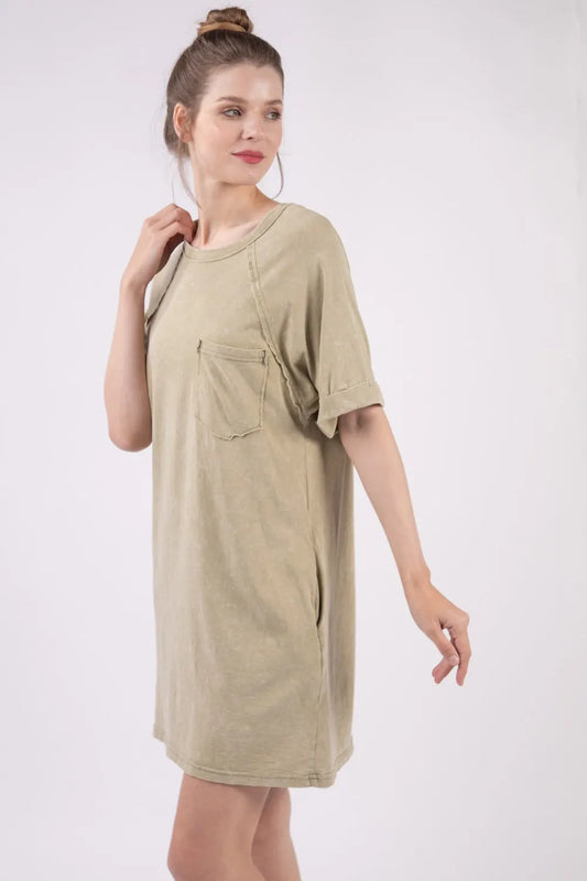 Washed Round Neck Mini Tee Dress - Sage - product view 1
