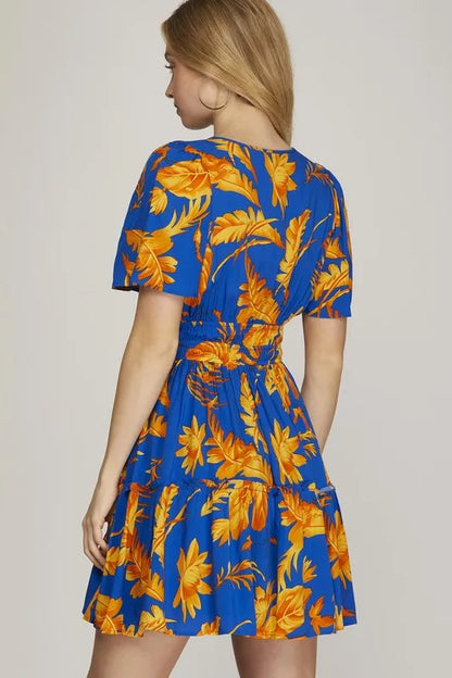 Full Size Printed Notched Short Sleeve Frill Tiered Dress Plus Size - Royal Blue - product view 2